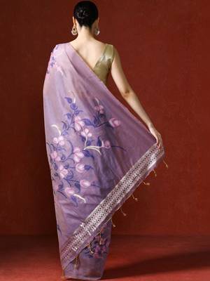 Purple woven design chanderi sarees with blouse piece 4
