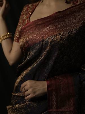 Black satin woven saree with blouse 4