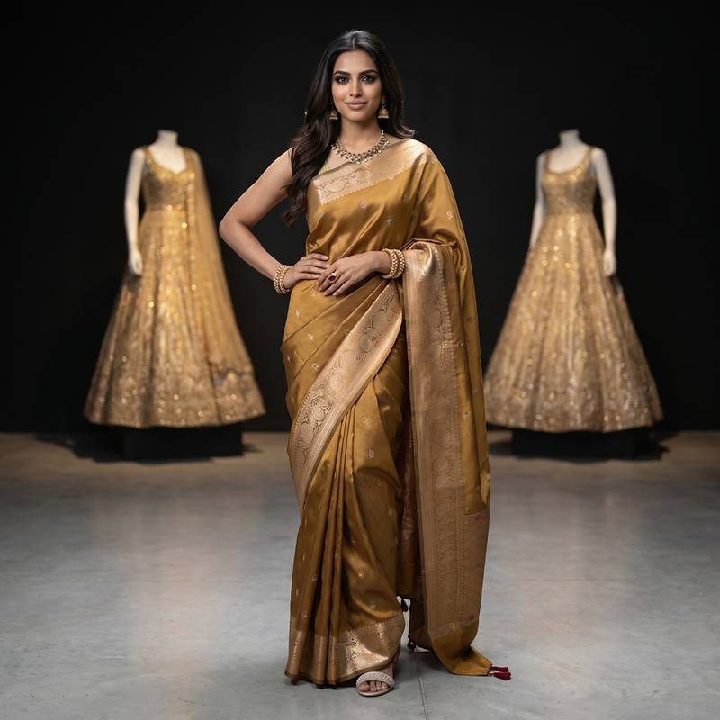 Mustard katan silk woven saree with blouse