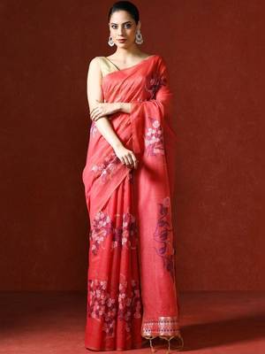 Red woven design chanderi sarees with blouse piece 1