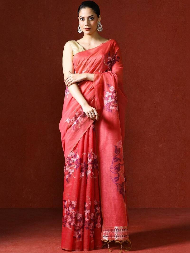 Red woven design chanderi sarees with blouse piece