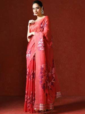 Red woven design chanderi sarees with blouse piece 3