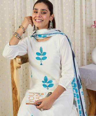 White printed pure cotton kurta trouser dupatta set 1