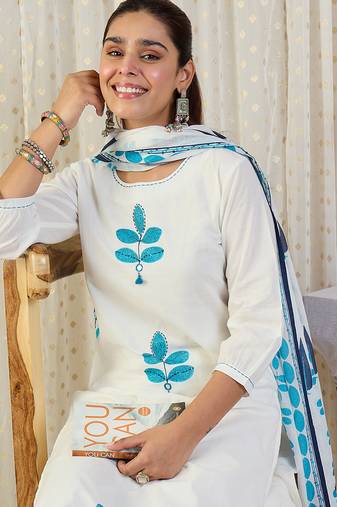 White printed pure cotton kurta trouser dupatta set