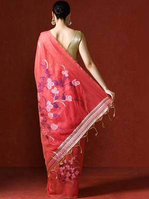 Red woven design chanderi sarees with blouse piece 4