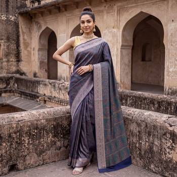 Navy blue katan silk woven saree with blouse 1