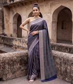 Navy blue katan silk woven saree with blouse