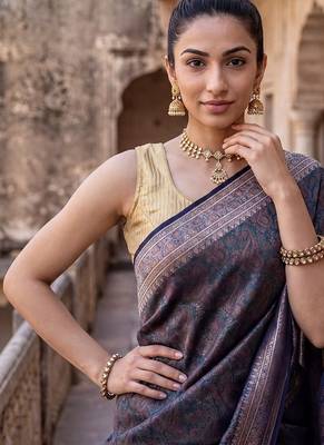 Navy blue katan silk woven saree with blouse 2