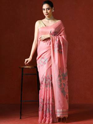 Pink woven design chanderi sarees with blouse piece 1