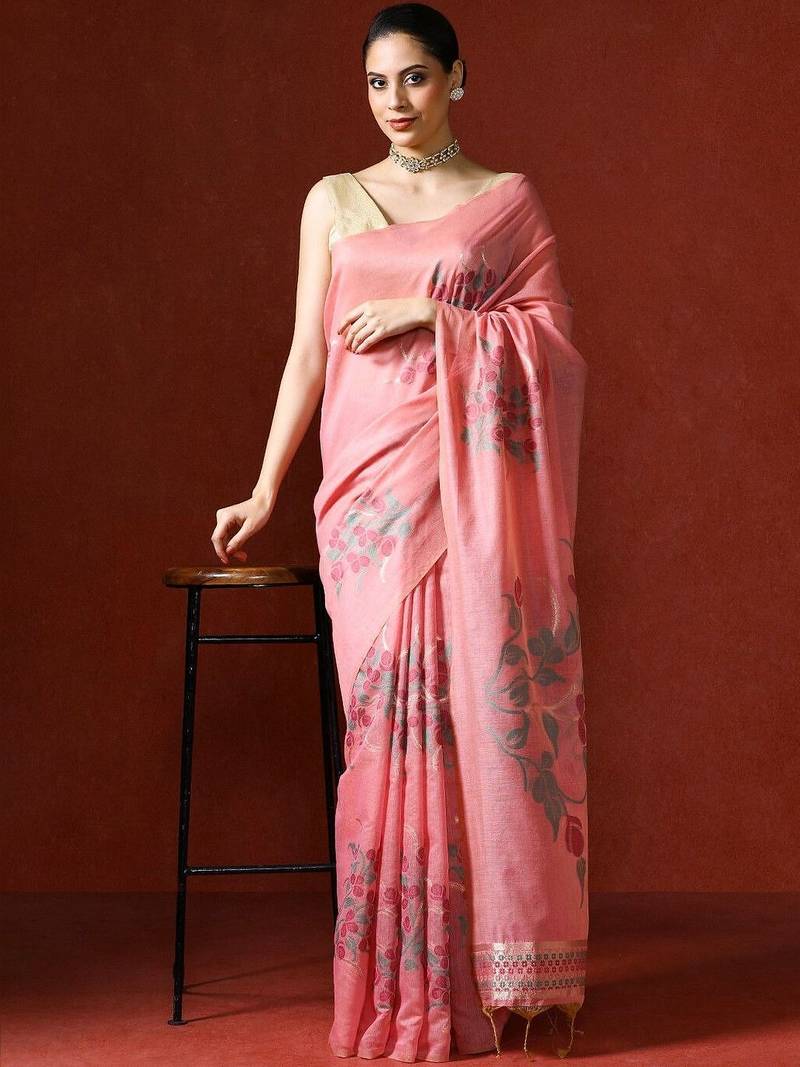 Pink woven design chanderi sarees with blouse piece
