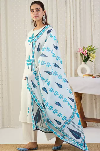 White printed pure cotton kurta trouser dupatta set