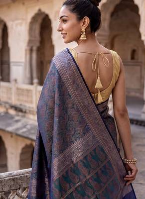 Navy blue katan silk woven saree with blouse 3