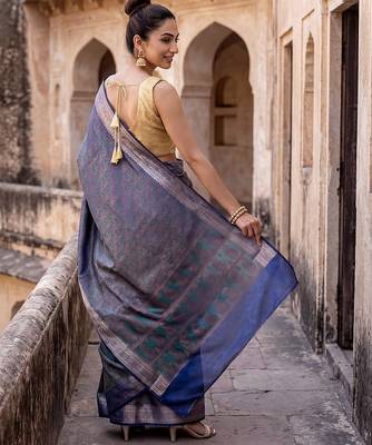 Navy blue katan silk woven saree with blouse 4