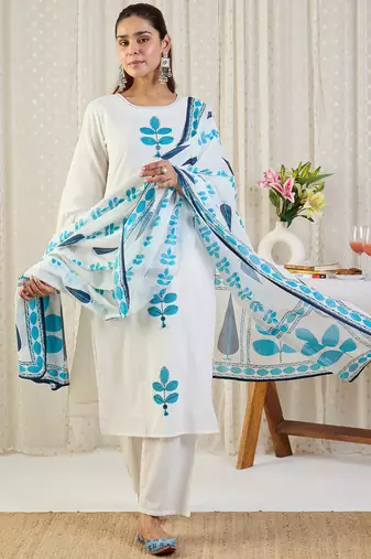 White printed pure cotton kurta trouser dupatta set