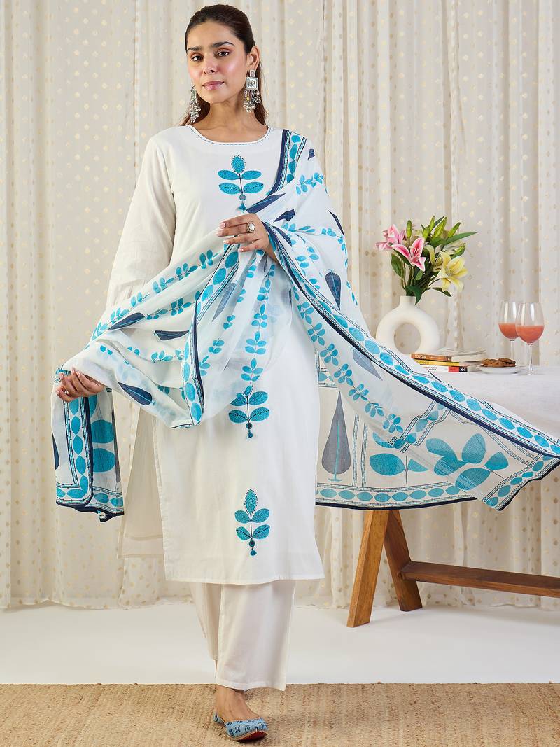 White printed pure cotton kurta trouser dupatta set