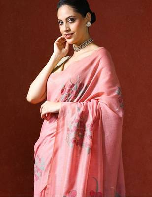 Pink woven design chanderi sarees with blouse piece 2