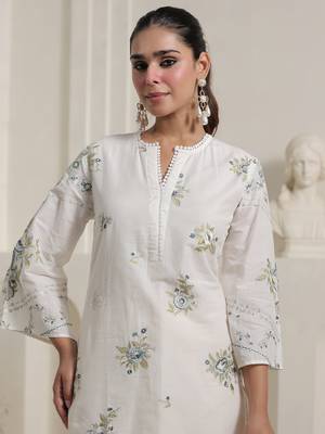 Off white embroidered pure cotton kurta trouser dupatta set 1