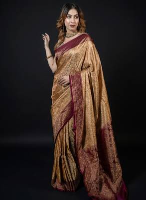 Beige satin woven saree with blouse 1