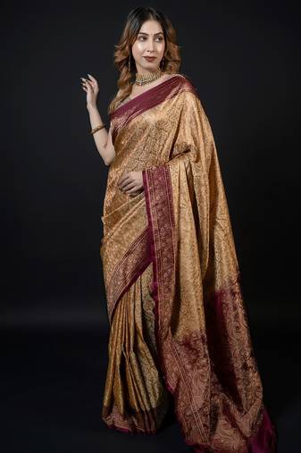 Beige satin woven saree with blouse