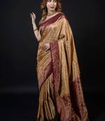 Beige satin woven saree with blouse