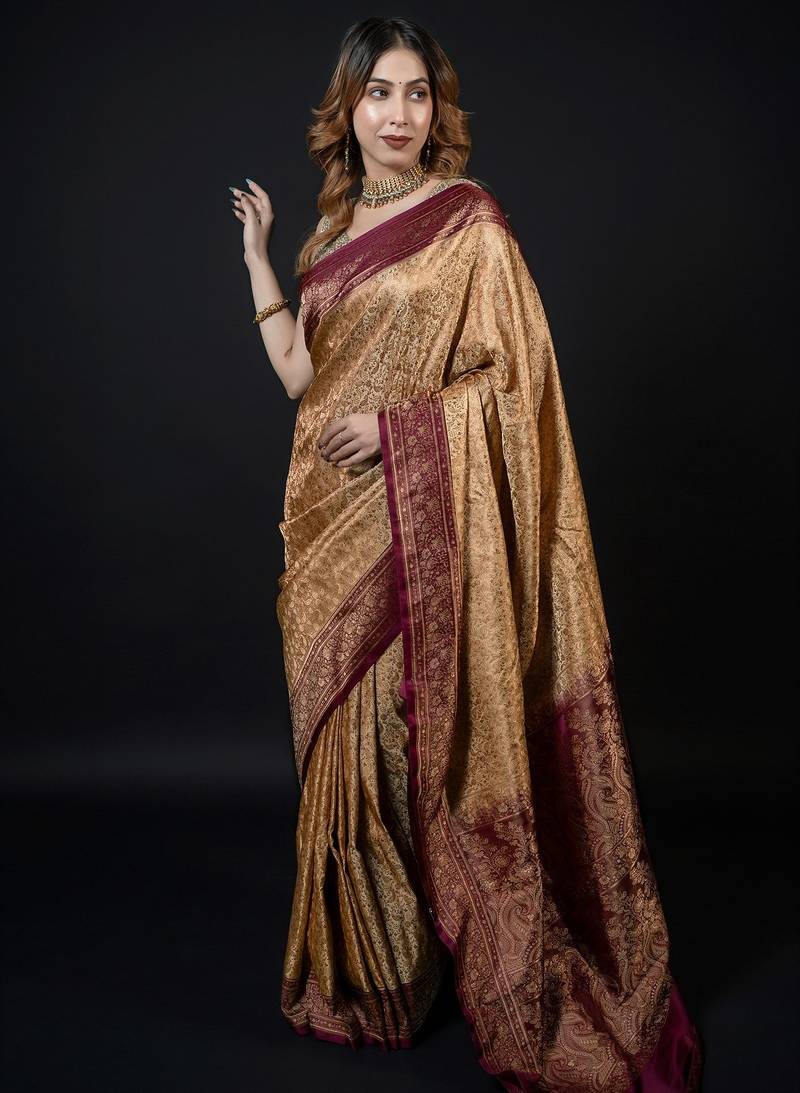 Beige satin woven saree with blouse