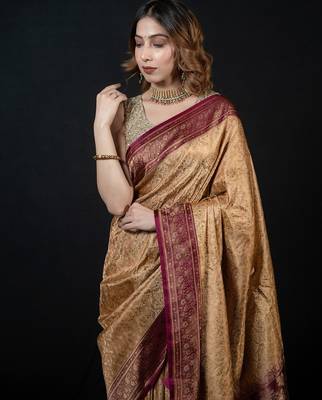 Beige satin woven saree with blouse 2