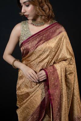 Beige satin woven saree with blouse 3
