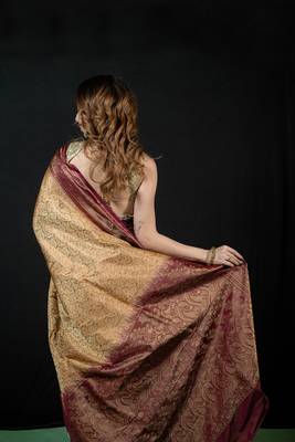 Beige satin woven saree with blouse 4