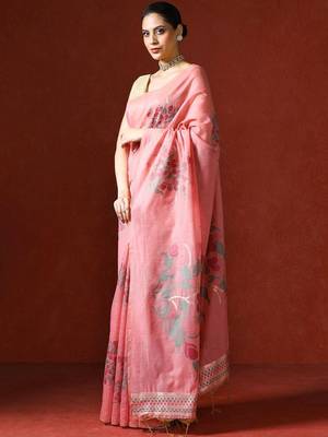 Pink woven design chanderi sarees with blouse piece 3