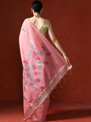Pink woven design chanderi sarees with blouse piece 4