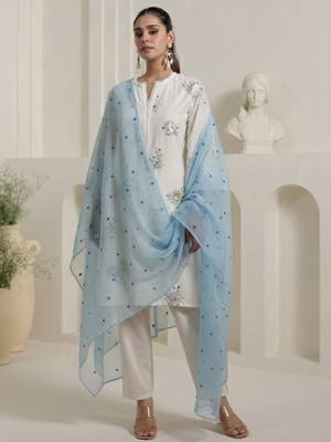 Off white embroidered pure cotton kurta trouser dupatta set 4