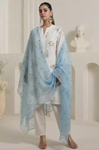 Off white embroidered pure cotton kurta trouser dupatta set