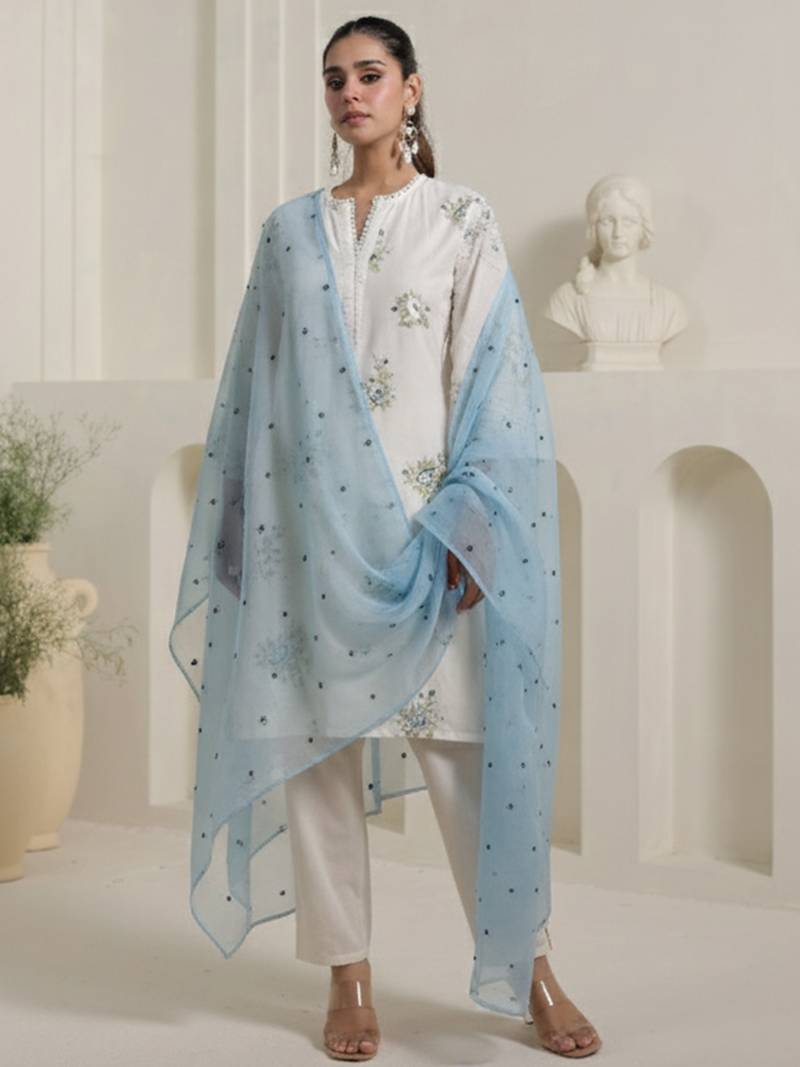 Off white embroidered pure cotton kurta trouser dupatta set