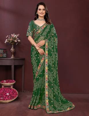 Green bandhani printed sequinned georgette saree 1