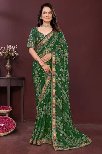 Green bandhani printed sequinned georgette saree