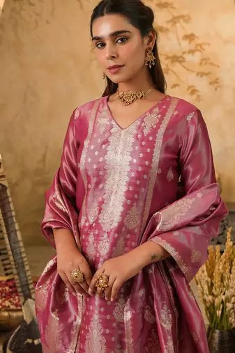 Pink woven silk blend kurta trouser dupatta set