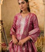 Pink woven silk blend kurta trouser dupatta set