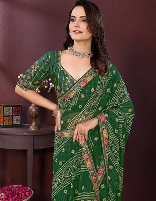 Green bandhani printed sequinned georgette saree 2