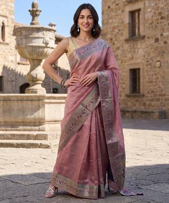 Onion-pink tussar woven saree with blouse 1