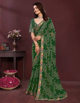 Green bandhani printed sequinned georgette saree 3