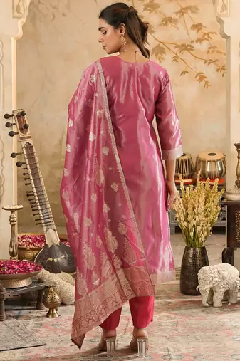 Pink woven silk blend kurta trouser dupatta set