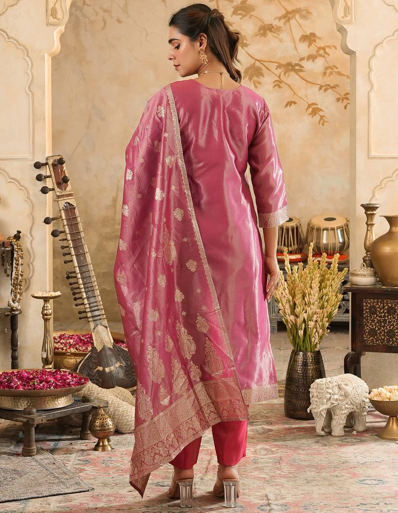 Pink woven silk blend kurta trouser dupatta set