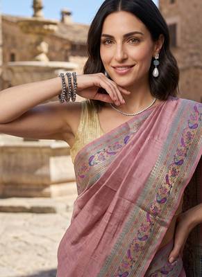 Onion-pink tussar woven saree with blouse 2