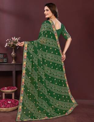 Green bandhani printed sequinned georgette saree 4