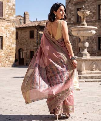 Onion-pink tussar woven saree with blouse 3