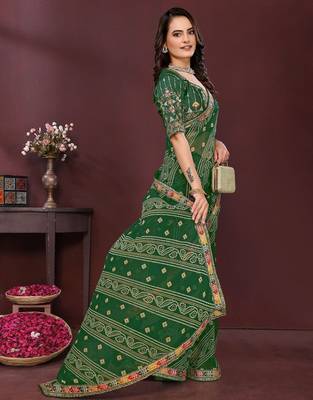 Green bandhani printed sequinned georgette saree 5