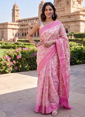 Pink-cream blended cotton woven saree with blouse 1