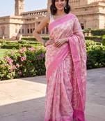 Pink-cream blended cotton woven saree with blouse