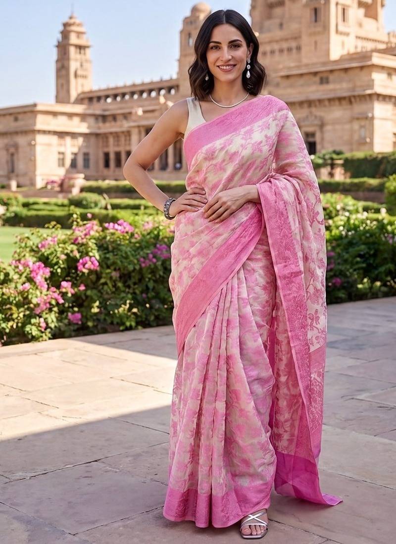 Pink-cream blended cotton woven saree with blouse
