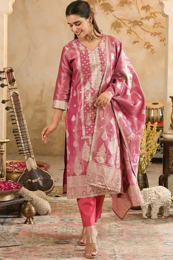 Pink woven silk blend kurta trouser dupatta set